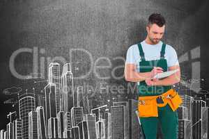 Composite image of repairman writing on a clipboard