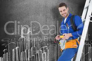Composite image of happy construction worker leaning on ladder