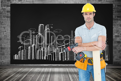 Composite image of confident carpenter with wooden plank and dri