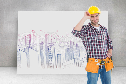 Composite image of confident handyman wearing hard hat