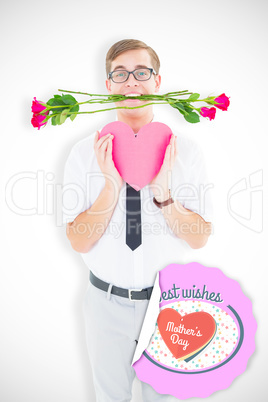 Composite image of geeky hipster holding red roses and heart car