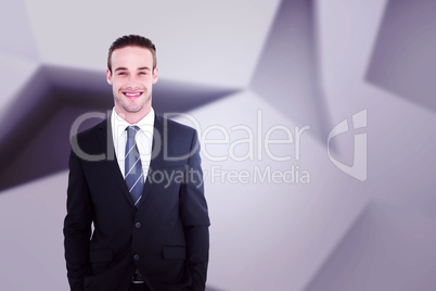 Composite image of smiling businessman in suit with hands in poc