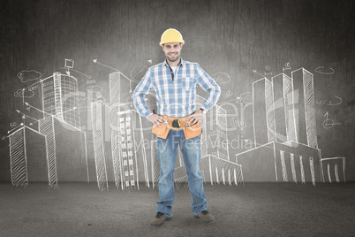 Composite image of confident repairman standing with hands on hi