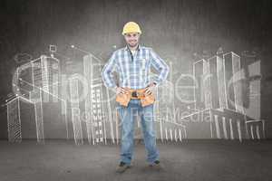 Composite image of confident repairman standing with hands on hi