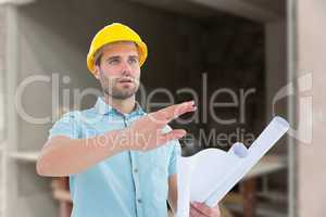 Composite image of architect with blueprint gesturing on white b