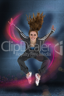 Composite image of full length of a sporty young blond jumping