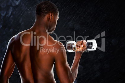 Composite image of rear view of a fit shirtless young man liftin