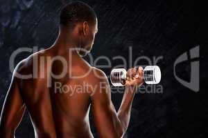 Composite image of rear view of a fit shirtless young man liftin