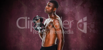 Composite image of serious fit shirtless young man lifting dumbb