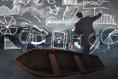 Composite image of businessman balancing in boat