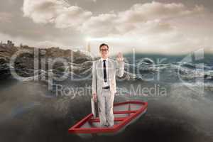 Composite image of businessman waving in boat