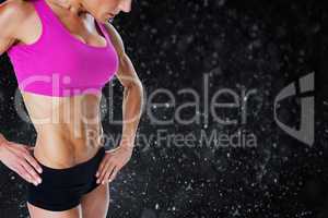 Composite image of female bodybuilder posing in pink sports bra