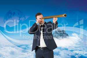 Composite image of businessman looking through telescope