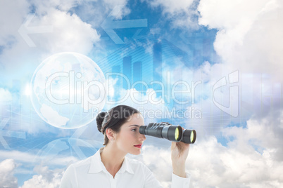 Composite image of business woman looking through binoculars