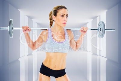 Composite image of strong female crossfitter lifting barbell beh