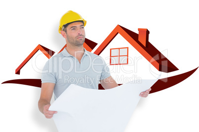 Composite image of thoughtful male architect holding blueprint