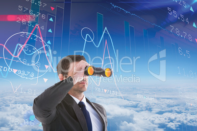 Composite image of young businessman looking through binoculars