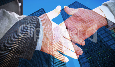 Composite image of two people going to shake their hands