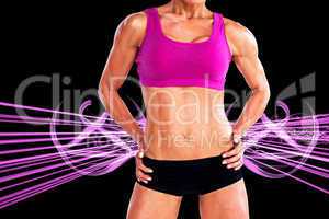 Composite image of female bodybuilder posing with hands on hips