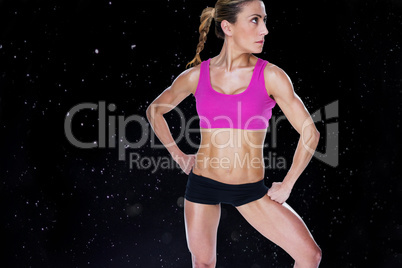 Composite image of female bodybuilder posing in sports bra and s