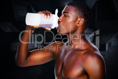 Composite image of side view of a sporty man drinking protein