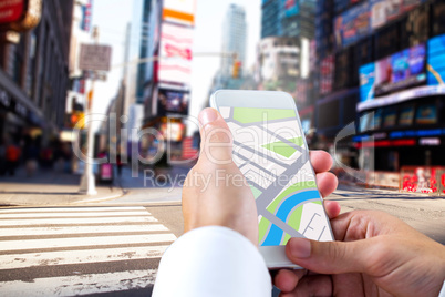 Composite image of man using map app on phone