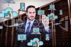 Composite image of businessman holding a chalk and writing somet