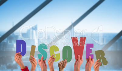 Composite image of hands holding up discover