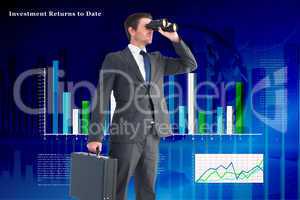 Composite image of businessman looking through binoculars