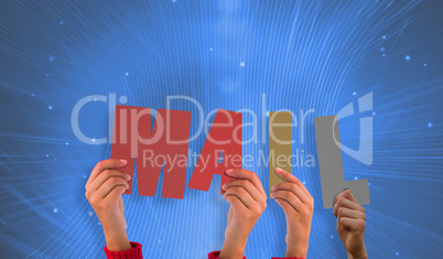 Composite image of hands holding up mail