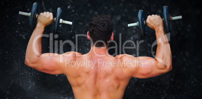 Composite image of bodybuilder lifting dumbbells