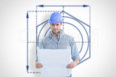 Composite image of architect reading blueprints