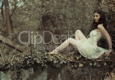 Sensual Woman in Dress Posing at the Woods