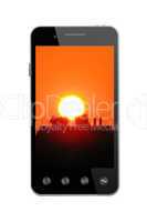Modern smart-phone with picture of sunset on white