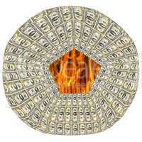 round dollar pattern with flame within