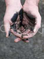 Empty cupped hands dirty of charcoal