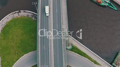 Flying Above Highway with Traffic Cars, aerial view