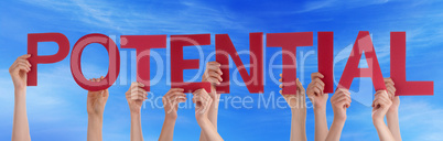 Hands Holding Red Straight Word Potential Blue Sky