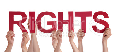 Many People Hands Holding Red Straight Word Rights