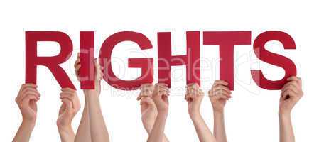 Many People Hands Holding Red Straight Word Rights