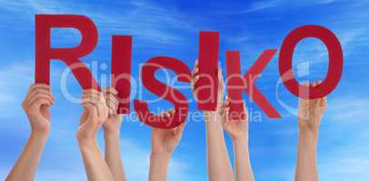 Many People Hands Holding Red Word Risk Blue Sky