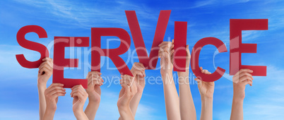 People Hands Holding Red Word Service Blue Sky