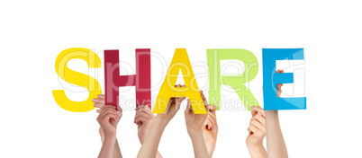 People Hands Holding Colorful Straight Word Share