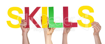 People Hands Hold Colorful Straight Word Skills