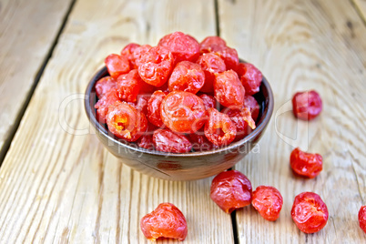 Candied cherries in bowl on board