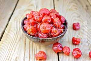 Candied cherries in bowl on board