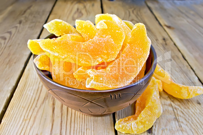 Candied melon in bowl on board