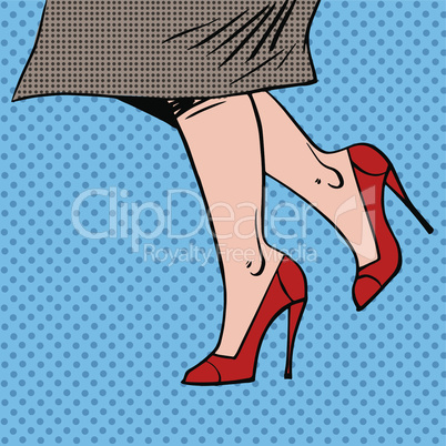 Female legs in red shoes woman coat goes pop art comics retro style Halftone