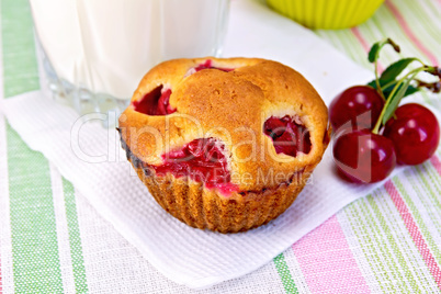 Cupcake with cherries and milk on linen napkin