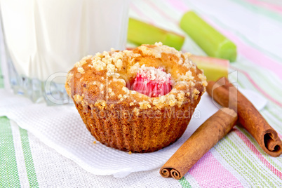 Cupcake with rhubarb and milk on linen napkin